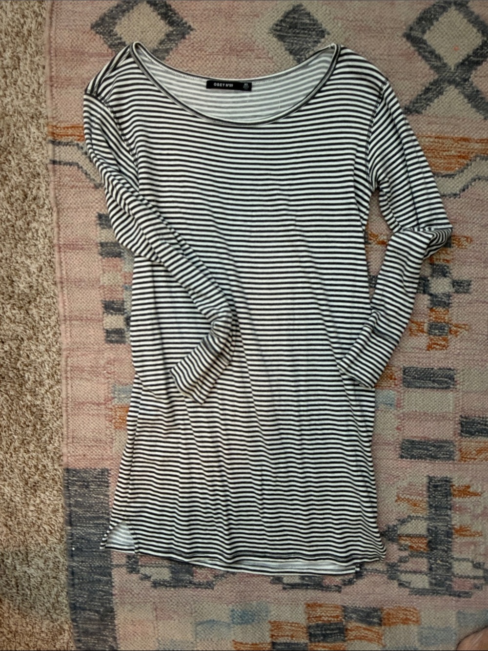 Obey Black and White Striped Quarter sleeve/Long Sleeve Scoop Neck dress
